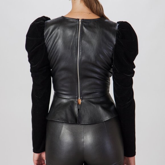 LAST 1 - SMALL Black Leather & Velvet Fit Jacket - Picture 2 of 4